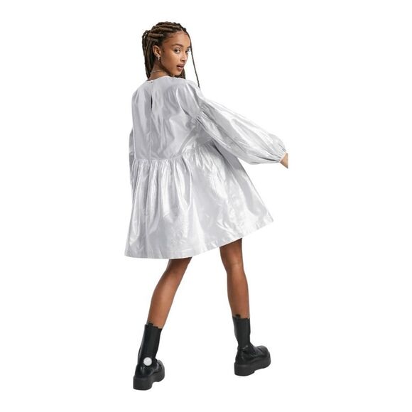 Reclaimed Vintage Inspired Taffeta Metallic Silver Smock Mini Dress Size 6 - Picture 1 of 12